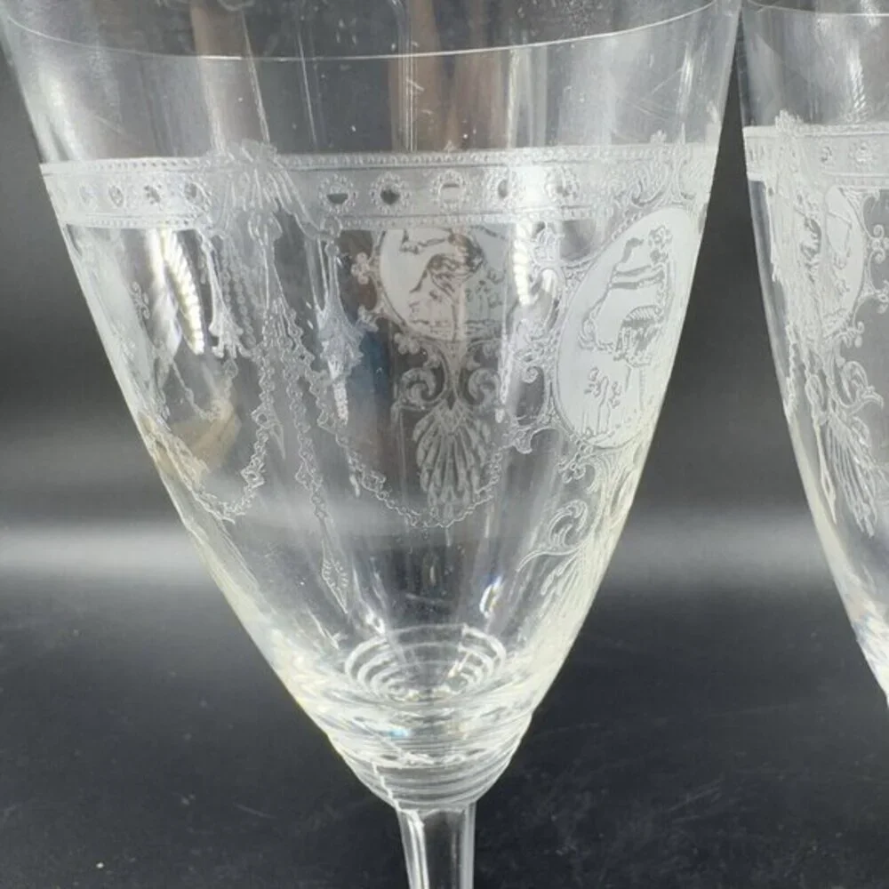Heisey Pied Piper Etched Crystal Water Goblet Delicate Stemware Glasses Set‎ 2